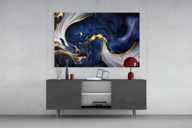 Insigne Art Glasschilderij – Abstract Blauw Goud Design – Luxe Moderne Wanddecoratie - 110x70 cm