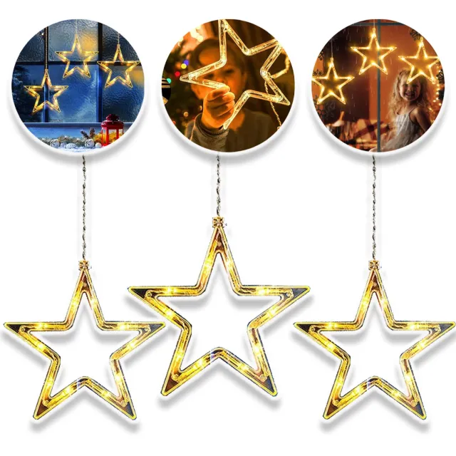 CHOOLY 3x LED Kerststerren met Zelfklevende Haken - 30 Lampjes 8 Lichtmodi Warm Wit IP44 Waterdicht - Raamdecoratie voor Kerstmis Feest Balkon - Inclusief 4 Haken
