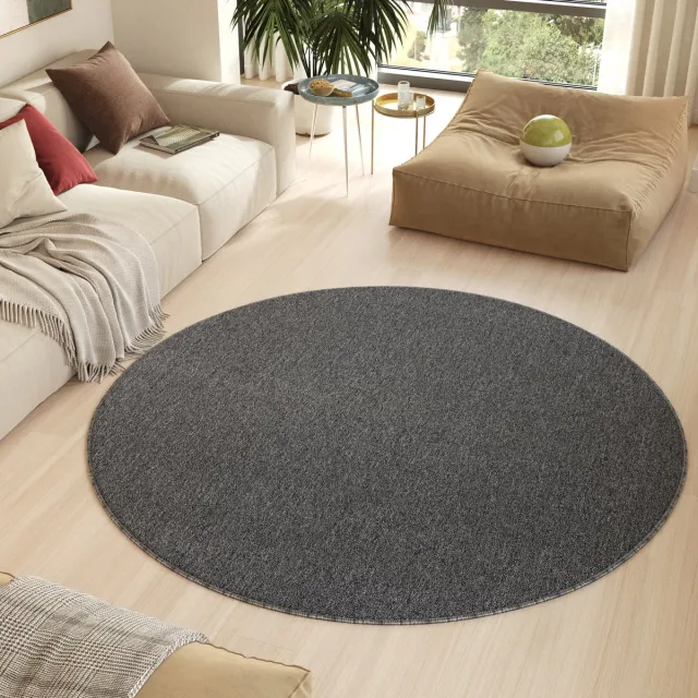 Tapiso Nizza Rond Vloerkleed Grijs Donker Antislip Waasbaar Laagpolig Tapijt