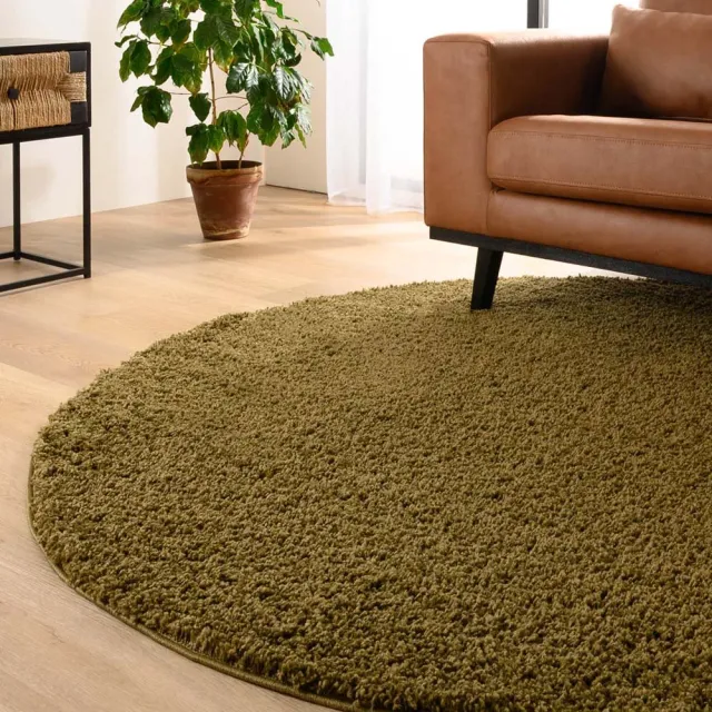 Tapeso Rond hoogpolig vloerkleed - Shaggy Trend olijfgroen 80