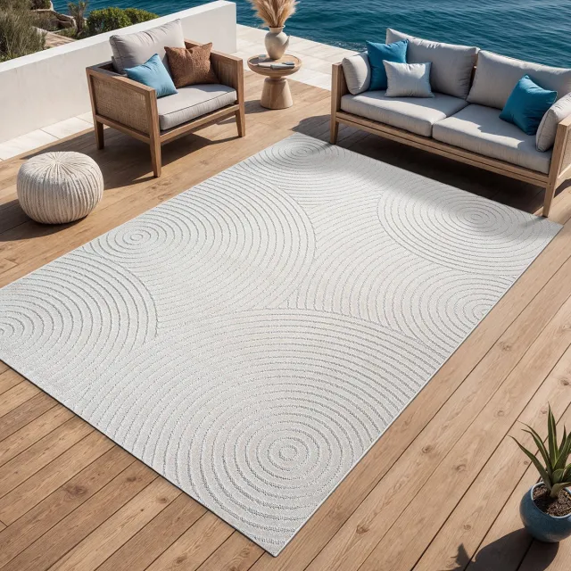 the carpet Santo Plus – Weerbestendig outdoor vloerkleed met cirkelpatroon en 3D structuur, geschikt voor balkon, terras en woonkamer, crème met 3D cirkelpatroon, 200 x 280 cm