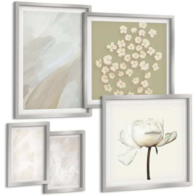 TULUP 4-Delige Schilderij Set - Bloemen en trendy texturen, delicate boho-stijl - 50 x 50 cm, 20 x 30 cm en 40 x 60 cm - Muurdecoratie - Wanddecoratie - Slaapkamer - Moderne Wanddecoratie Zilveren lijst