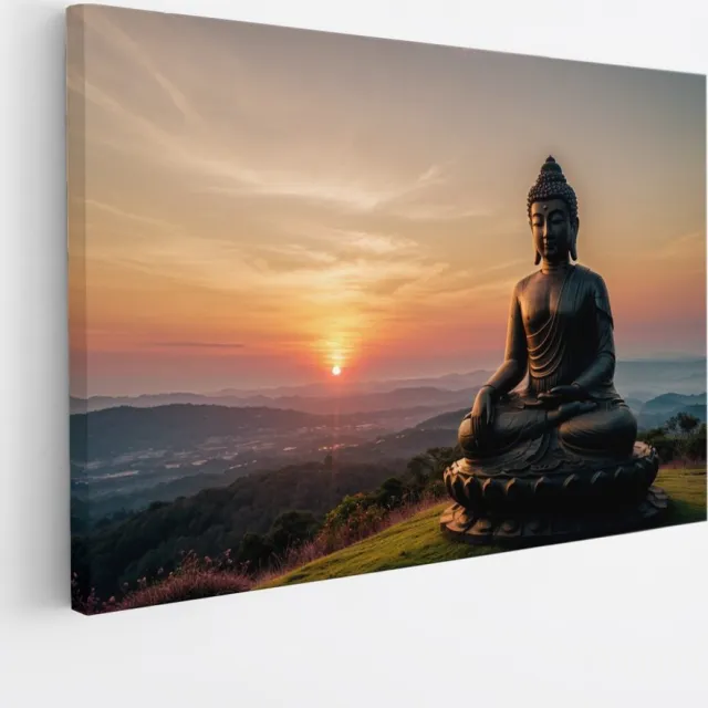 Saammp Canvas Schilderij - Boeddha bij mooie Zonsondergang - Landschap - 90x60 - Foto op canvas - Wanddecoratie - Muurdecoratie Woonkamer - Canvas schilderijen Multicolor