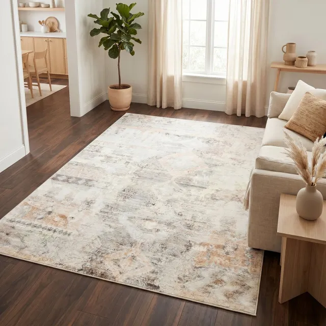 Tapiso Bari Vloerkleed Abstract Ethno Patroon Antislip Tapijt Woonkamer Slaapkamer Beige Roze Goud Modern Design Oeko-Tex