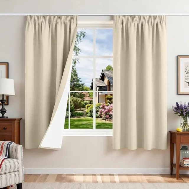 Zoranta verduisterende gordijnen met plooiband, linnenlook, 100% verduisterend, 180 x 120 cm, beigegrijs, set van 2, thermische isolatie