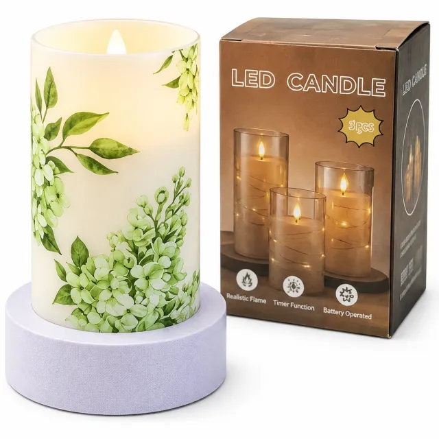 SWGOTA led kaarsen in landelijke stijl - bloemenprint, 7.5 x 12.5 cm, warm licht, vlamloos, kunststof, batterijen niet inbegrepen Wit