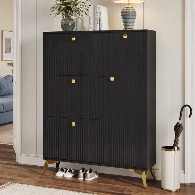 MIVRAY Schoenenkast - 3 Kleppen, Lade En Deur - Smal Voor Hal En Entree - Hout En Metaal - 90x25x121 Cm - Zwart