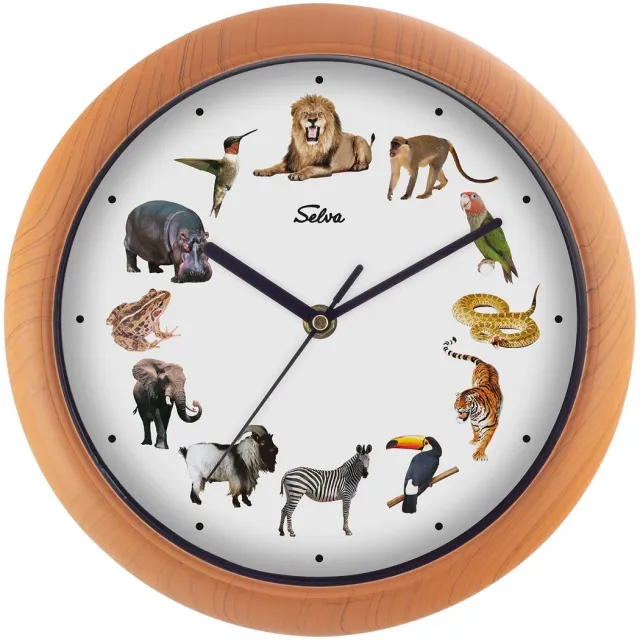 Selva dierenklok, wandklok, met dierengeluiden op elk uur en kleurrijke illustraties, kunststof kast, houtlook multi colour