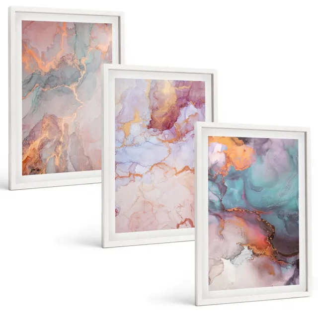 Coloray 3-Delige Schilderij Set - Abstracte Patronen In Pastelkleuren Met Accenten - 40 x 60 - Stijlvolle Muurdecoratie - Kantoor - Woonkamer Decoratie Witte lijst