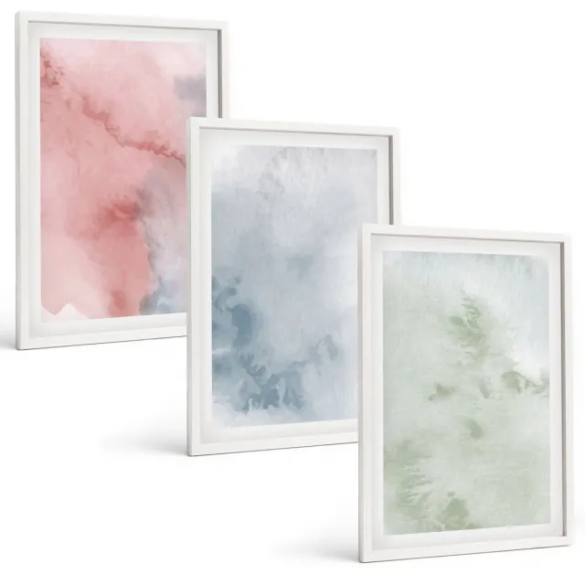 TULUP 3-Delige Schilderij Set - Pastelkleurige structuren, kleurrijke aquarelverf op canvas - 40x60 - Stijlvolle Muurdecoratie - Kantoor - Moderne Wanddecoratie Witte lijst