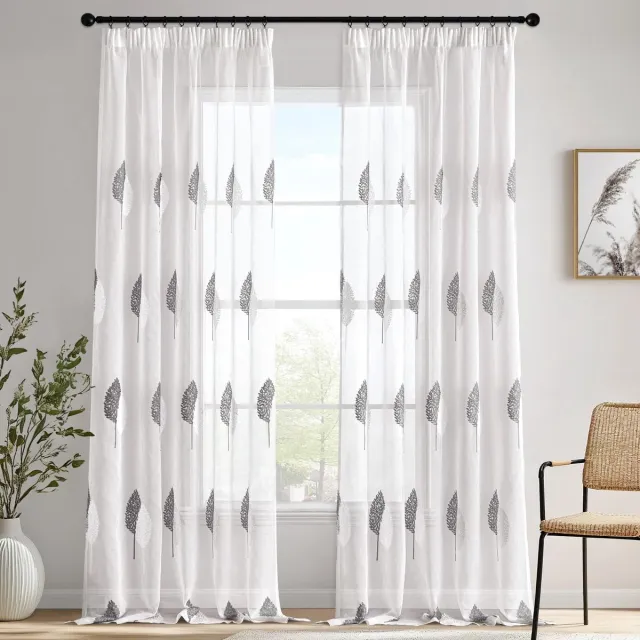 Ibenzoa Gordijnen met geborduurd bladpatroon voor stijlvolle raamdecoratie, set van 2, grijs-wit, H 245 x B 140 cm Grote bladeren grijs