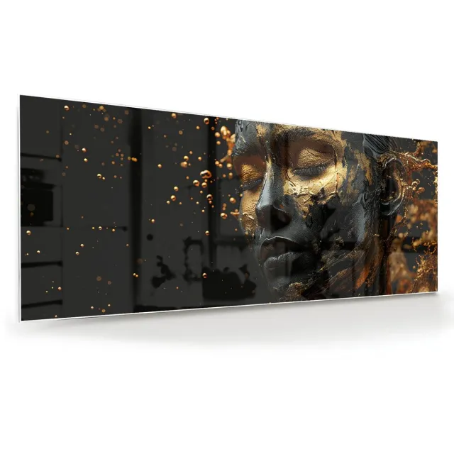 Mydesignglas Glazen Schilderij – met Vrouwelijk Portret – Wanddecoratie op Gehard Glas – 80x30cm Black, gold