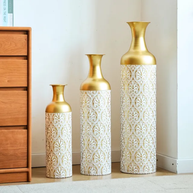 FloraGrace Bodenvase Eyecatcher 3 Delige Set 50 66 83 cm Metaal Goud Wit Voor Droogbloemen Kamerplanten En Decoratie Binnen Beschut Buiten