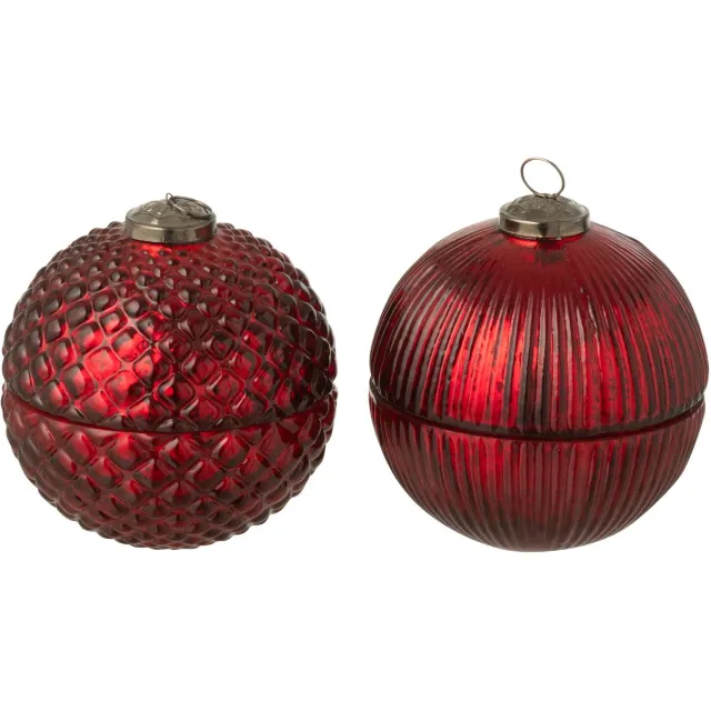 J-Line geurkaars Kerstbal - glas - bordeaux - small - 2 stuks Rood