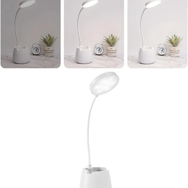 KCVV Bureaulamp LED – 360° flexibel verstelbaar – LED oplaadbare kleine bureaulamp - 3 helderheidsniveaus – Voet met pennenhouder – Opladen via USB – Geschikt voor thuiskantoren, slaapkamers en studentenkamers – Wit