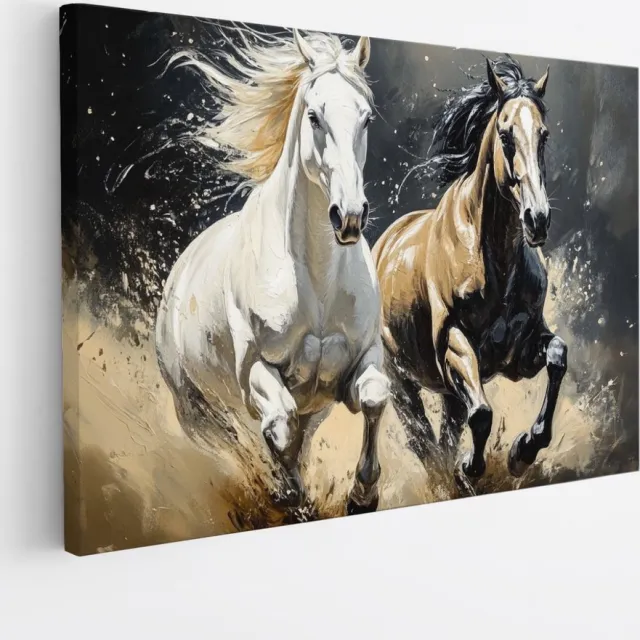 Saammp Canvas Schilderij - 2 Paarden - Abstract - Dieren - Natuur - 70x50 - Foto op canvas - Wanddecoratie - muurdecoratie Woonkamer - Slaapkamer decoratie - Canvas Print Multicolor