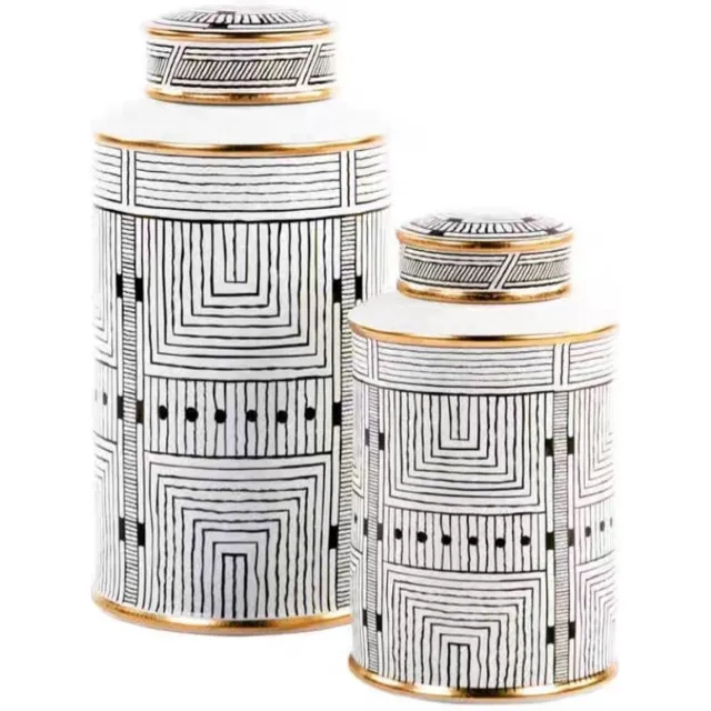 Fine Asianliving Chinese Gemberpot Porselein Wit met Gouden Accent Geometrisch Handgemaakt D16xH31cm Wit, Goud