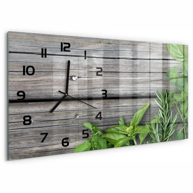 TULUP Wandklok - Houten kruidenachtergrond Wandklok Glas Decoratie - 60x30 cm - Groente Gekleurde Glazen Klok - Zwarte handen - Rechthoekige Klok - Klok Glas Met Opdruk - Moderne Wandklok Glas