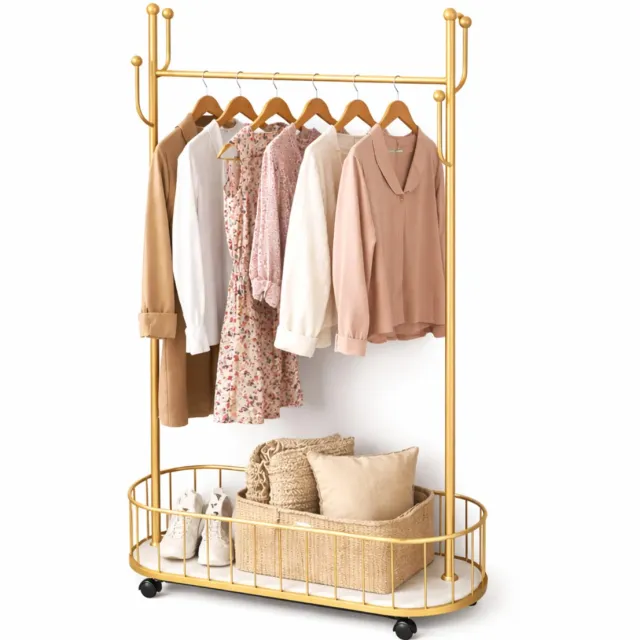 LUXALIVING Kledingrek op Wieltjes – Kledingrek met Opbergruimte – Kledingstang – Verrijdbaar Kledingrek – Goud/Wit – 170 x 80 x 32 cm