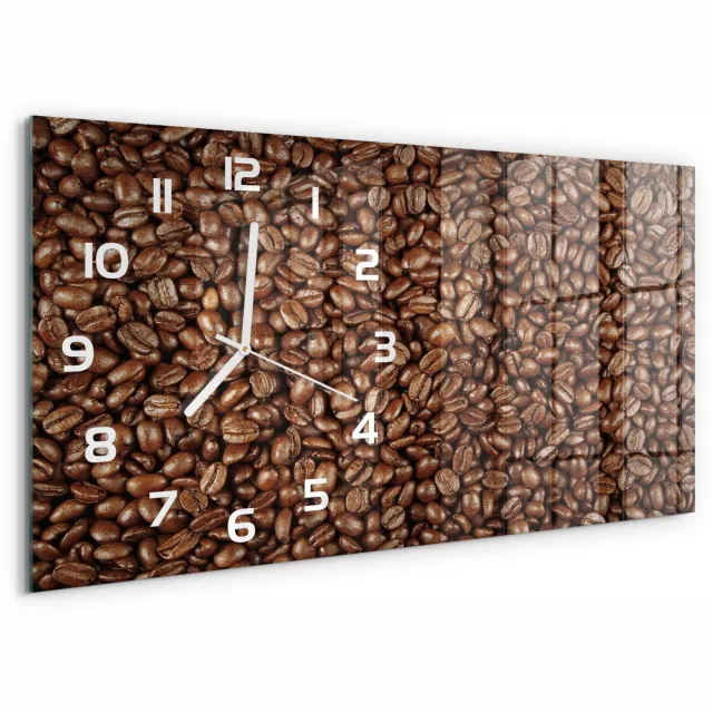 TULUP Wandklok - Koffiebonen Glazen Klok Met Print - 60x30 cm - Bruin Wandklok Glas Met Motief - Witte handen - Rechthoekige Klok - Wandklok Glas Decoratie - Gekleurde Glazen Klok