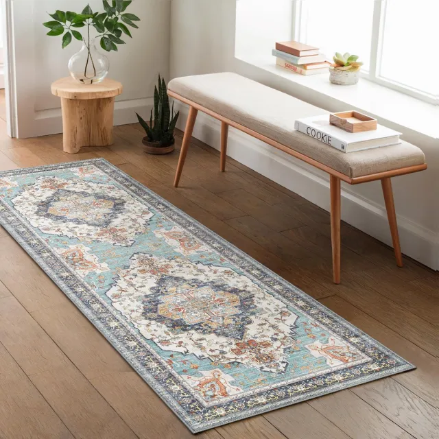 Unyqoos Stijlvol boho tapijt met oosterse patronen voor elke woonruimte Aqua-blauw