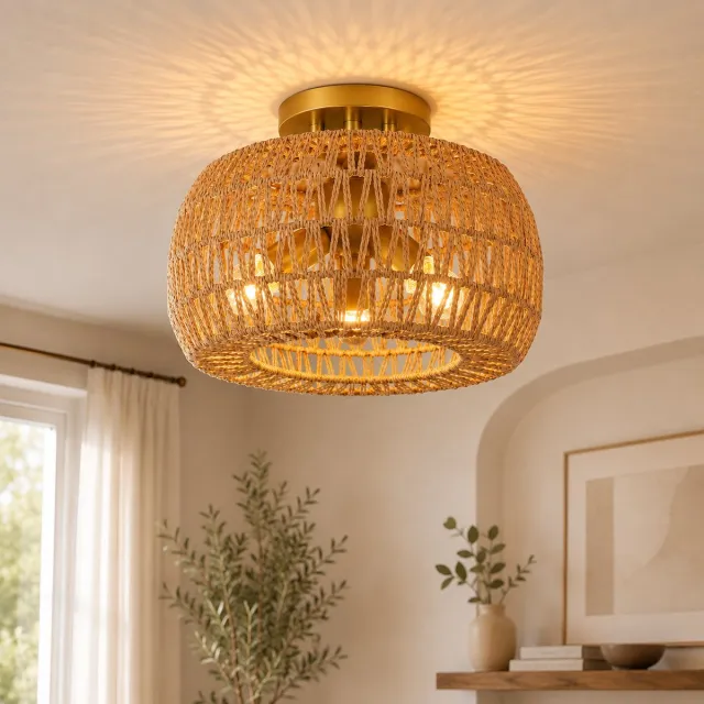 LAPAMAX Rotan Plafondlamp 3-Lichts - Boho Plafonnière met 3x E27 Fitting - Handgeweven Landelijke Plafondlamp Ø35 cm- Inclusief 3 LED Lampen - voor Eetkamer, Woonkamer, Slaapkamer en Keuken Bruin