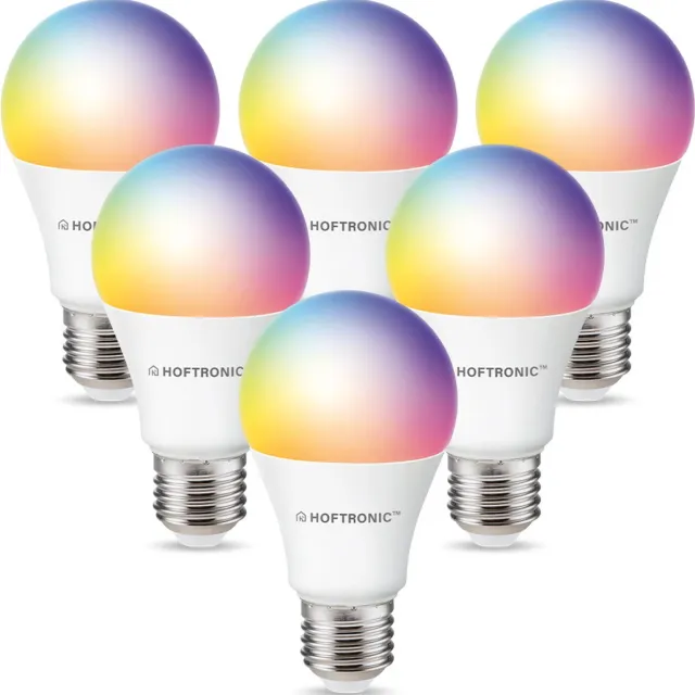 HOFTRONIC SMART E27 SMART WiFi LED Lamp 6 Stuks - RGBWW 10 Watt 806lm A60 Dimbaar - Bedienbaar via Hoftronic Smart App - Bedienbaar via stem