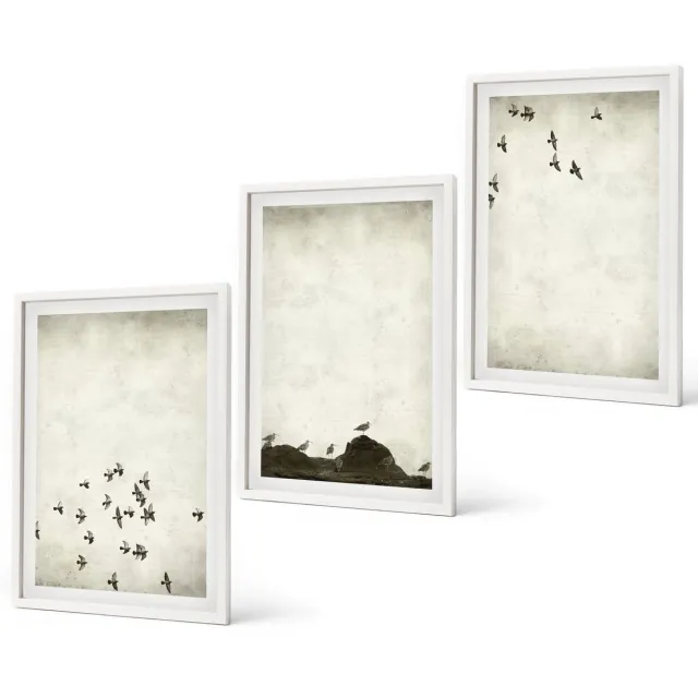 Coloray 3-Delige Schilderij Set - Vogels In Vlucht, Geschilderd In Minimalistische Stijl. - 40 x 60 - Wanddecoratie - Schilderijen Set - Interieur - Woonkamer Decoratie Witte lijst