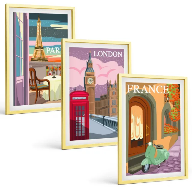 TULUP 4-Delige Schilderij Set - Retro stadsgezichten van Parijs, Londen en Frankrijk - 40 x 60 cm - Schilderijen Set - Wanddecoratie - Woonkamer - Stijlvolle Muurdecoratie Gouden lijst