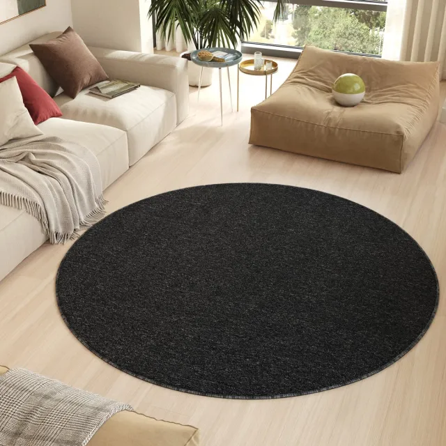Tapiso Nizza Rond Vloerkleed Zwart Antislip Waasbaar Laagpolig Tapijt Kleed