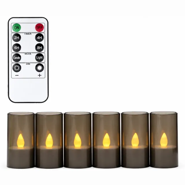 SWGOTA led kaarsen - 6 grijze theelichtjes in cilindervormige cups, warmgele vlamvorm, met afstandsbediening en knoopcel voor de afstandsbediening Grijs