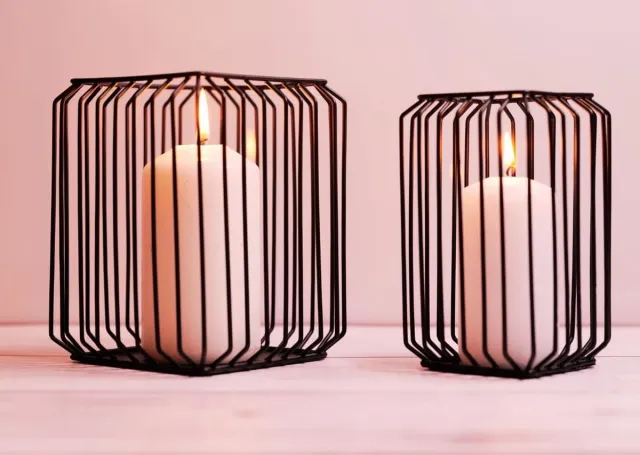 Celebig® Kandelaar set van 2 | windlicht metaal zwart | houder zwart | zwarte decoratie | windlicht van draad | vierkante look | geschenkartikel | tijdloos cadeau