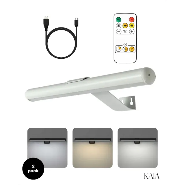 KAIA Set van 2 Oplaadbare Schilderijverlichting - Draadloze Wandlamp - Draadloze Schilderijverlichting Oplaadbaar - Touch en remote - Dimbaar LED 3000K/4000K/6500K - Oplaadbare Schilderijlamp Snoerloos - Sterke Accu Schilderijlamp - Wit