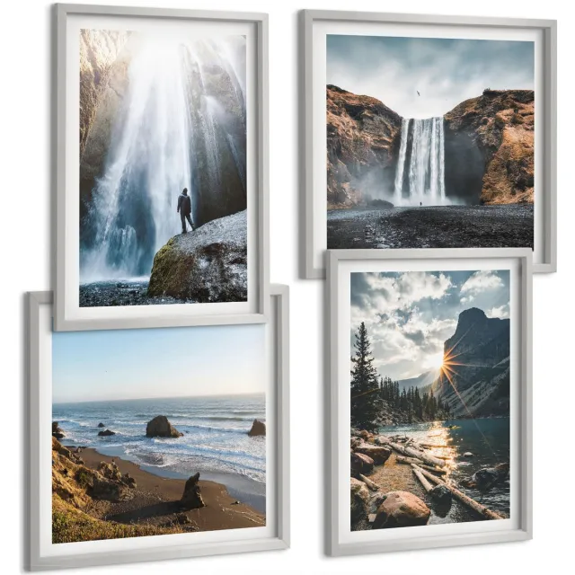 TULUP 4-Delige Schilderij Set - Watervallen in de bergen met prachtige natuurlijke landschappen - 40 x 40 cm en 40 x 60 cm - Moderne Wanddecoratie - Woonkamer - Muurdecoratie Zilveren lijst