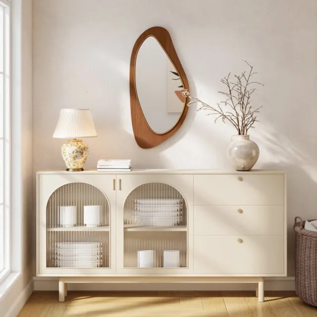MODENUIT Wandspiegel – 91,5 x 45 x 3 cm – Houtfineer en MDF – Natuurhout – Wandmontage – Onregelmatige Vorm Natural Wood