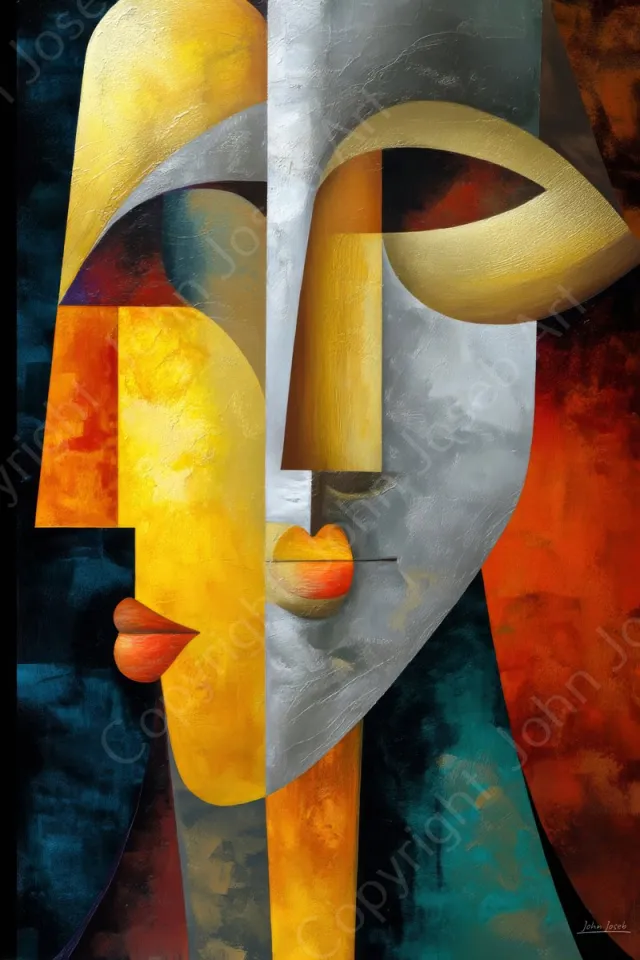 John Joseb Art (Canvas) 60x40 | Gezichten, Picasso stijl, kubisme, kleurrijk, abstract, kunst | mens, man, vrouw, goud, grijs, blauw, bruin, dier, modern | Foto-Schilderij canvas print (wanddecoratie) Canvas, dikte 2 cm