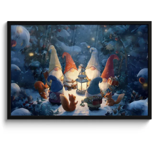 FrameYourWall Poster in lijst - Fotolijst 90x60 cm - Posters - Winter - Gnooms - Eekhoorns - Meerkleurig - Posterlijst zwart - Decoratie - Wanddecoratie woonkamer - Muurdecoratie slaapkamer - Kerstversiering - Kerstdecoratie voor binnen - Kerstmis