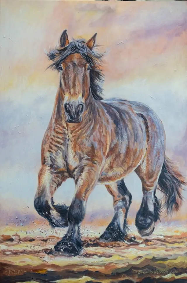 Ton van der Weerden Trekpaarden schilderij TW37 - Foto - Ton van der Weerden - Fine Art Print op fotokwaliteit papier - 40 x 60 cm bruin