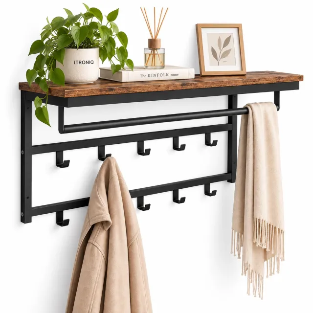 ITRONIQ Kapstok Wand - Wandkapstok met Plank - 10 Haken - Kapstok Hangend - Donkerbruin Hout Metaal - 80x30x42 CM - Industrieel