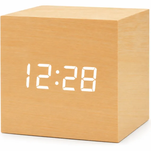 SWGOTA wekker - Vierkante houten behuizing met witte LED-cijfers - Temperatuurweergave - Batterij- of USB-voeding Naturel