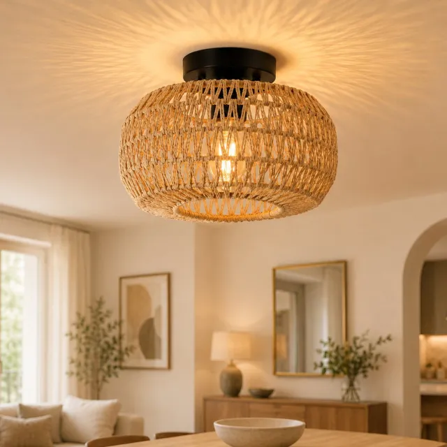 LAPAMAX Rotan Plafondlamp Ø28 cm - Boho Plafonnière Handgeweven met E27 Fitting - Inclusief LED Filamentlamp - Landelijke Plafondverlichting voor Slaapkamer, Hal, Woonkamer en Entree Bruin