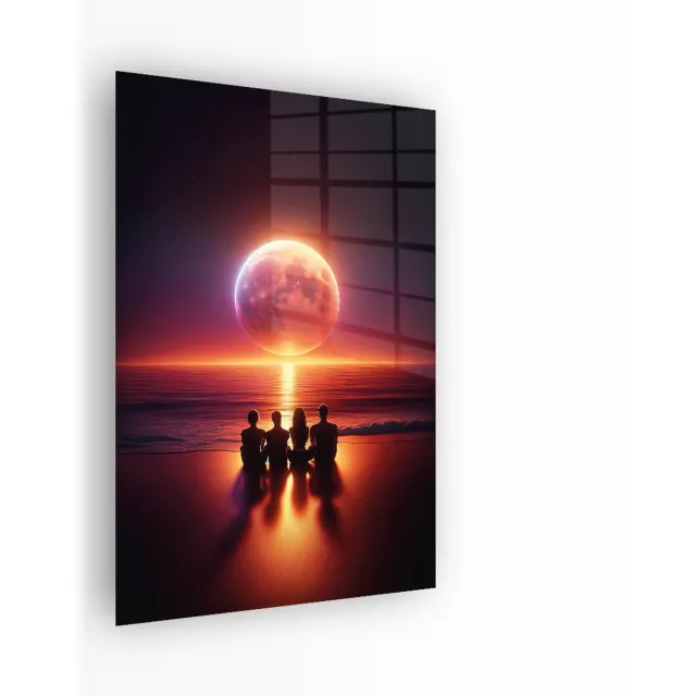 Indoorart Glasschilderij Moonset at sea 60x90 CM - Afbeelding op plexiglas - Inclusief montagemateriaal zwart, roze, oranje, blauw, paars, geel