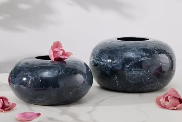 Invicta Interior Design set van 2 vazen STONE 25cm zwart gemarmerd handgemaakt - 43186 Zie omschrijving