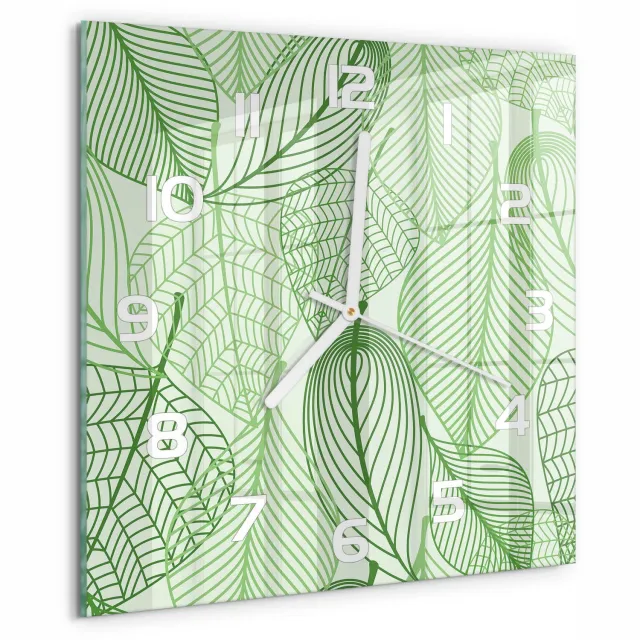 TULUP Wandklok - Bladpatroon Moderne Wandklok Glas - 30x30 cm - Groente Wandklok Glas Decoratie - Witte handen - Vierkante Klok - Glazen Wandklok Design - Klok Glas Met Opdruk