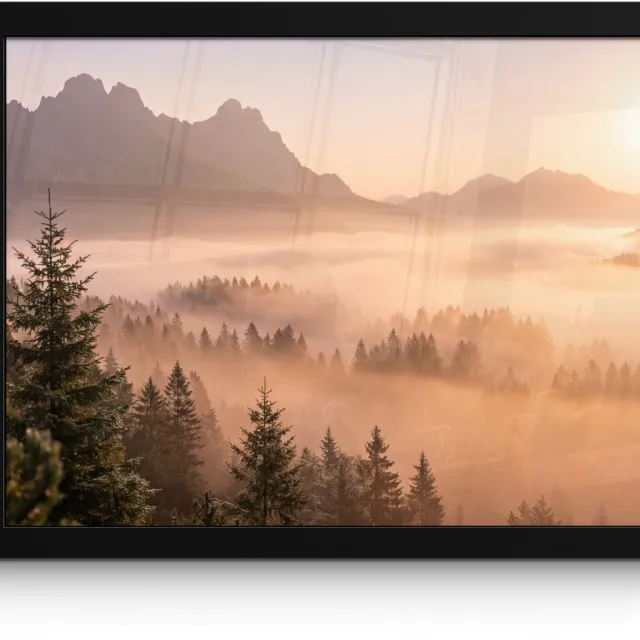 FrameYourWall Poster in lijst - Fotolijst 40x30 cm - Posters - Zonlicht - Mist - Bergen - Bomen - Posterlijst zwart - Decoratie - Wanddecoratie woonkamer - Muurdecoratie slaapkamer