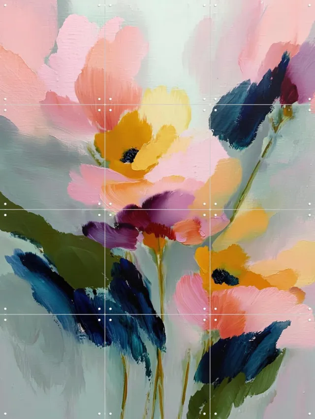 IXXI Blush Florals With Midnight Leaves, Branka Kodžoman - 60 x 80 cm - Grote wanddecoratie en posters - Modern, Kleurrijk, Kwaststreken, Speels Groen / Blauw / Roze / Geel