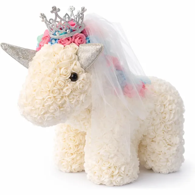La Roselle Amsterdam Unicorn Rozen beer – Handgemaakt Rozenbeer figuur met Kroon & Sluier – Cadeau wit
