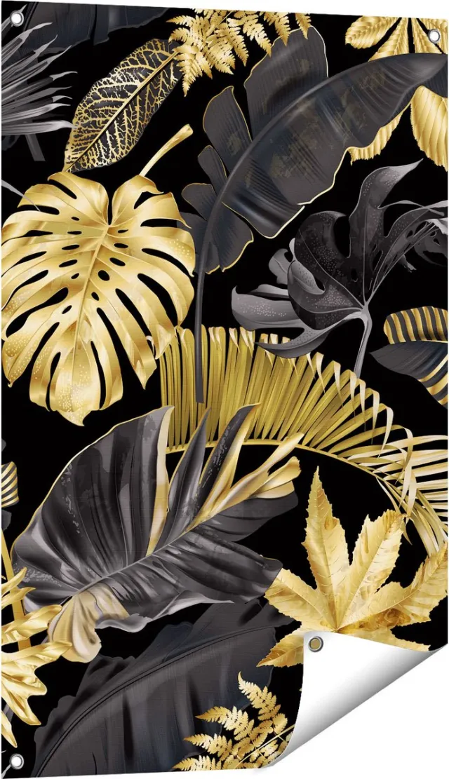 Gards Tuinposter Gouden Tropische Bladeren - 60x90 cm - Tuindoek - Tuindecoratie - Wanddecoratie buiten - Tuinschilderij Multikleur