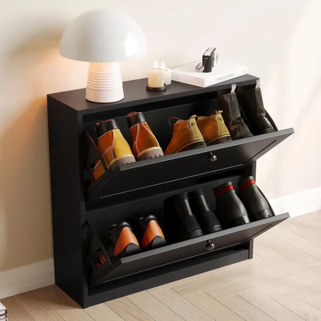VOWNER Schoenenkast met 2 deuren-Smal schoenenrek-80 x 24 x 80 cm-Zwart Zwarz