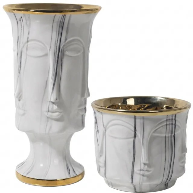 Cozella Volto Duo Keramische Vaas Set met Gezicht – Marmerlook Gouden Rand – Decoratie Woonkamer